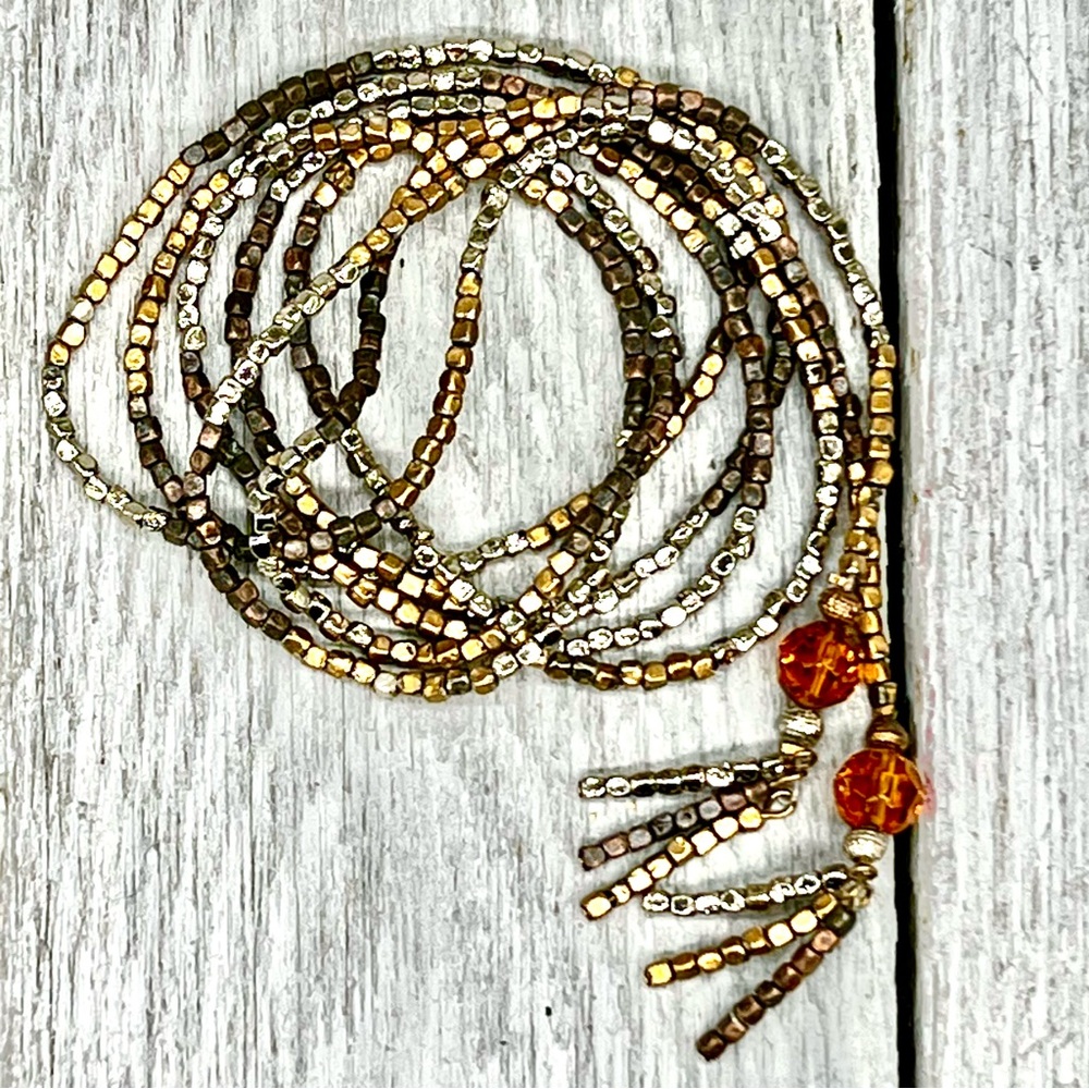 223. Beaded Lariat Necklace with Amber Faceted Glass Accents